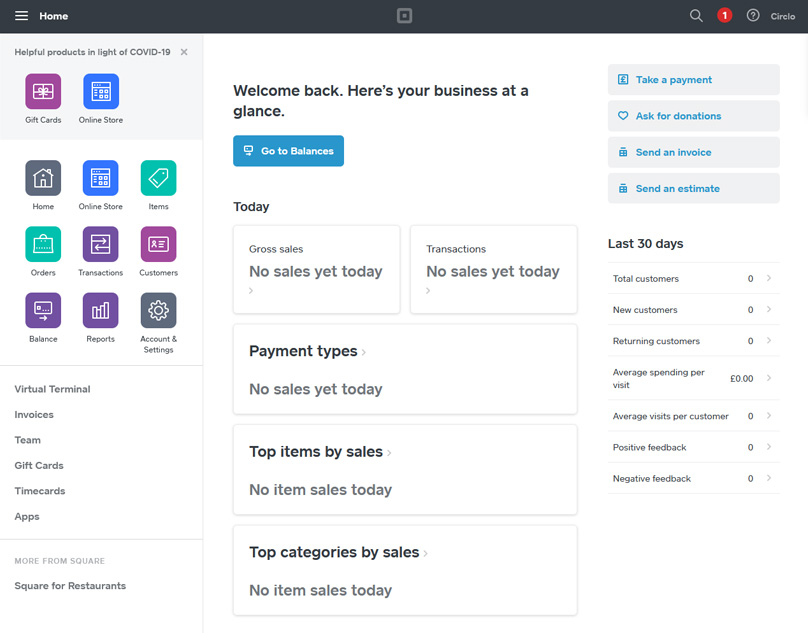 The Square dashboard