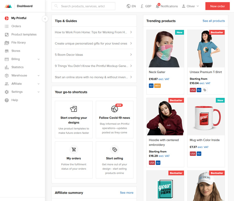The Printful dashboard is very well designed