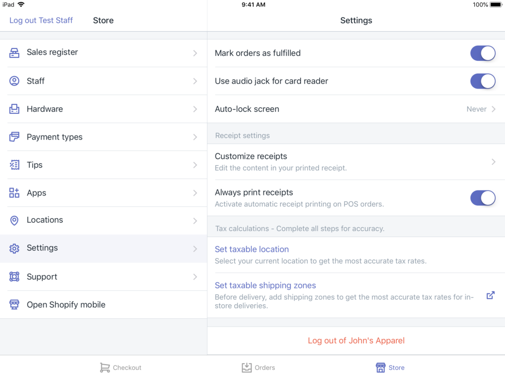Ipad settings for shopify POS