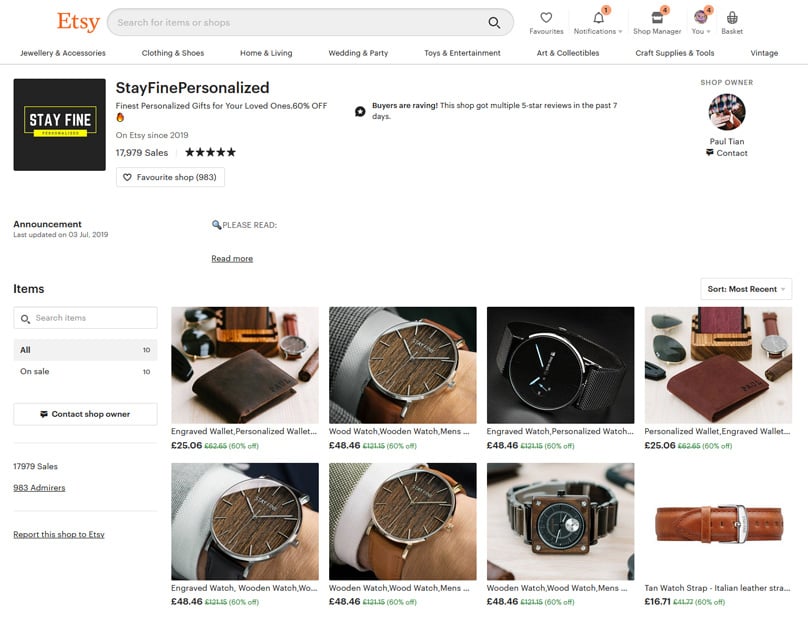 Example of an Etsy storefront