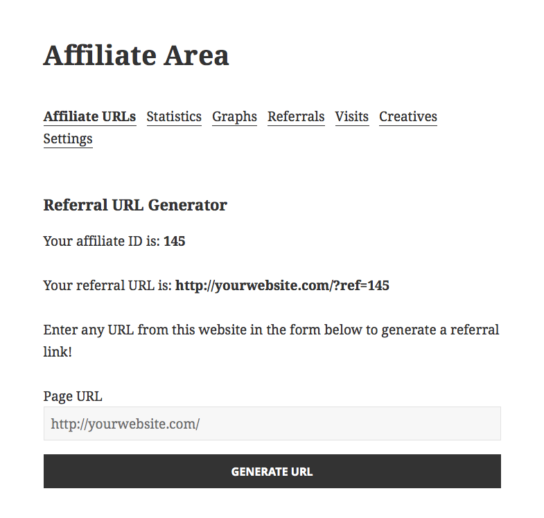 The default Affiliate Area