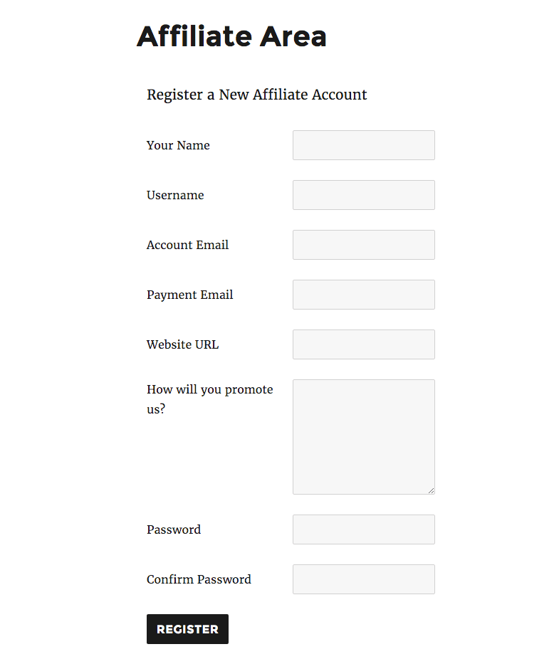 The default affiliate signup area