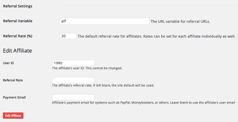 Set a global referral rate or customize for individual affiliates